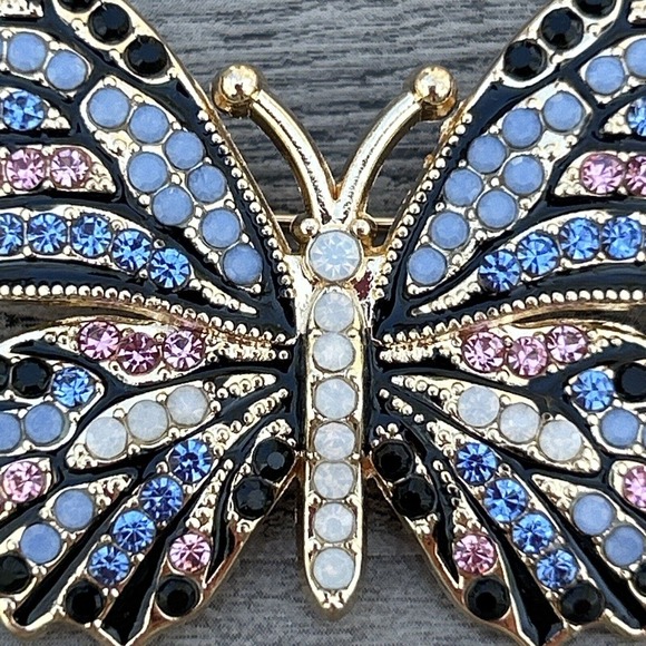 Butterfly Brooch Pin Pave Goldtone Metal Multicolored Crystals Modern - Picture 6 of 11